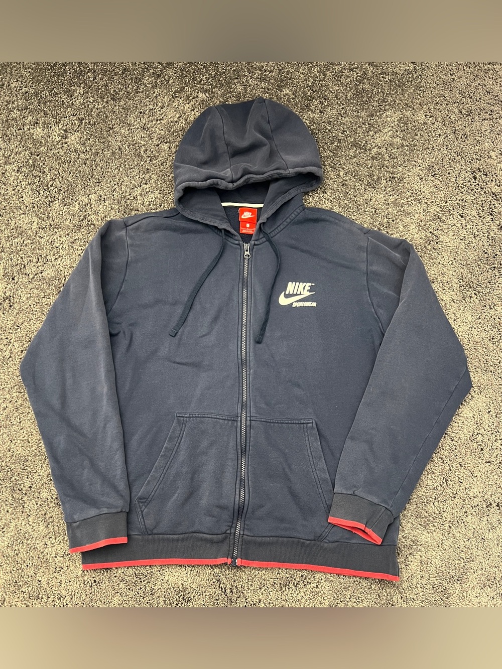 Nike Sportswear Hoodie Men’s Size Large Blue Red Trim Spell Out Logo Loungewear